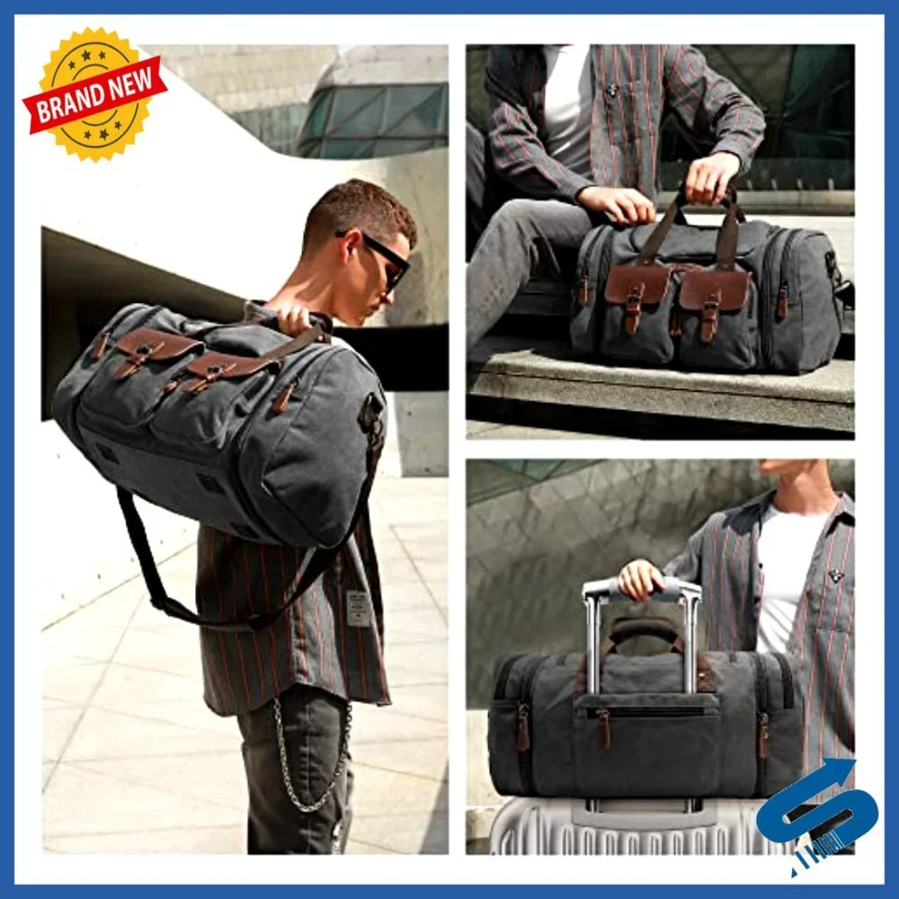Retro Canvas Leather Duffle Bag Expandable Weekender Carry On Travel Duffel